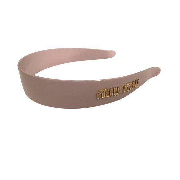 Miu Miu Womens Light Pink Logo Headband With Gold Lettering - Picture 1 of 3